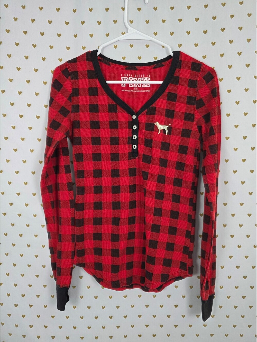Victorias Secret PINK Buffalo Plaid Check Thermal Henley Long Sleeve Shirt M